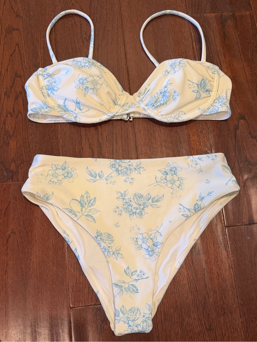 White and Light Blue Floral and Lemons Balconette Bikini and High Waist Bottoms